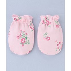 Babyhug 100% Cotton Interlock Knit Mittens and Booties Set With Floral Print - Pink