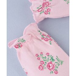 Babyhug 100% Cotton Interlock Knit Mittens and Booties Set With Floral Print - Pink