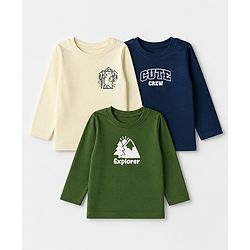 Babyhug 100% Cotton Knit Full Sleeves T-Shirts with Explorer & Cute Crew Text with Bear Print Pack of 3 - Navy Blue Green & White