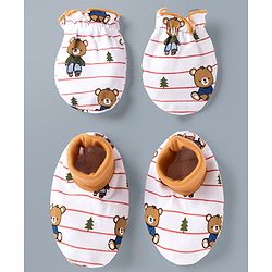 Babyhug 100% Cotton Interlock Knit Striped Mittens & Booties Set With Teddy Bear Print - White
