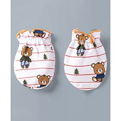 Babyhug 100% Cotton Interlock Knit Striped Mittens & Booties Set With Teddy Bear Print - White