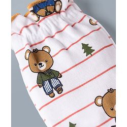 Babyhug 100% Cotton Interlock Knit Striped Mittens & Booties Set With Teddy Bear Print - White
