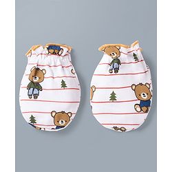 Babyhug 100% Cotton Interlock Knit Striped Mittens & Booties Set With Teddy Bear Print - White