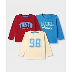 Babyhug 100% Cotton Knit Full Sleeevs T-Shirts with Tokyo Athletic & Number Print Pack of 3 - Red, Blue & Cream
