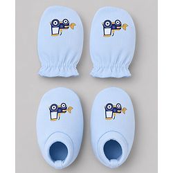 Babyhug 100% Cotton Interlock Knit Mittens & Booties with Vehicle Print - Sky Blue