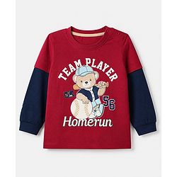 Babyhug 100% Cotton Knit T-Shirts with Full Doctor Sleeves and Homerun Team Player Text with Bear Print - Dark Red