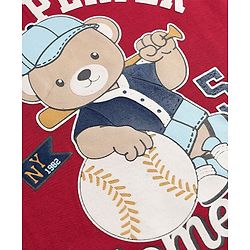 Babyhug 100% Cotton Knit T-Shirts with Full Doctor Sleeves and Homerun Team Player Text with Bear Print - Dark Red