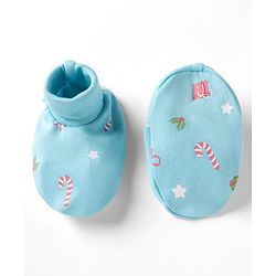 Babyhug 100% Cotton Interlock Knit Mittens & Booties Set Christmas Theme Print - Light Blue