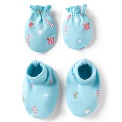 Babyhug 100% Cotton Interlock Knit Mittens & Booties Set Christmas Theme Print - Light Blue