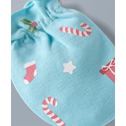 Babyhug 100% Cotton Interlock Knit Mittens & Booties Set Christmas Theme Print - Light Blue