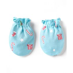 Babyhug 100% Cotton Interlock Knit Mittens & Booties Set Christmas Theme Print - Light Blue