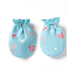 Babyhug 100% Cotton Interlock Knit Mittens & Booties Set Christmas Theme Print - Light Blue