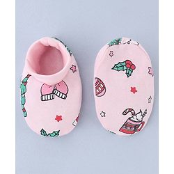 Babyhug 100% Cotton Interlock Knit Mittens and Booties Set With Tropical Print - Pink