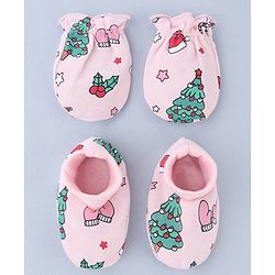 Babyhug 100% Cotton Interlock Knit Mittens and Booties Set With Tropical Print - Pink