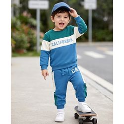 Babyhug 100% Cotton Terry Knit Full Sleeves T-shirt & Joggers Set With California Text Print - White