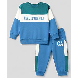 Babyhug 100% Cotton Terry Knit Full Sleeves T-shirt & Joggers Set With California Text Print - White