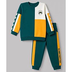 Babyhug 100% Cotton Knit Full Sleeves Vehicles & Text Printed Cut N Sew Sweatshirt & Joggers Set - Green & Yellow