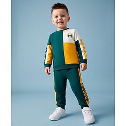 Babyhug 100% Cotton Knit Full Sleeves Vehicles & Text Printed Cut N Sew Sweatshirt & Joggers Set - Green & Yellow
