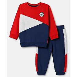 Babyhug 100% Cotton Terry Knit Full Raglan Sleeves Cut & Sew T-Shirt and Jogger with Soccer Junior League Patch - Red