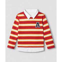 Babyhug 100% Cotton Terry Knit Full Sleeves Striped T-Shirt & Joggers Set - Red