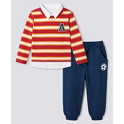 Babyhug 100% Cotton Terry Knit Full Sleeves Striped T-Shirt & Joggers Set - Red