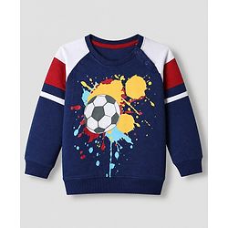 Babyhug 100% Cotton Terry Knit Full Sleeves T-Shirt and Joggers Set with Football Print - Navy Blue