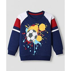 Babyhug 100% Cotton Terry Knit Full Sleeves T-Shirt and Joggers Set with Football Print - Navy Blue