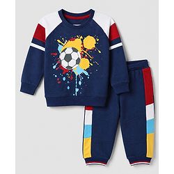 Babyhug 100% Cotton Terry Knit Full Sleeves T-Shirt and Joggers Set with Football Print - Navy Blue