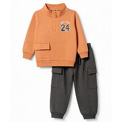 Babyhug 100% Cotton Terry Full Sleeves T-Shirt and Pant Set with Best Team 24 Embroidery - Brown