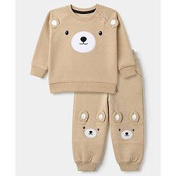 Babyhug 100% Cotton Terry Knit Full Sleeves Sweatshirt and Jogger with Bear Applique - Beige