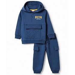 Babyhug 100% Cotton Terry Full Sleeves T-Shirt and Pant with Full Length and Boston Print in Blue for 12-18 Months