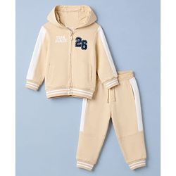 Babyhug 100% Cotton Terry Knit Full Sleeves Hooded Sweatjacket & Joggers Set With Varsity Print - Beige