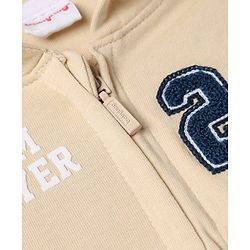 Babyhug 100% Cotton Terry Knit Full Sleeves Hooded Sweatjacket & Joggers Set With Varsity Print - Beige