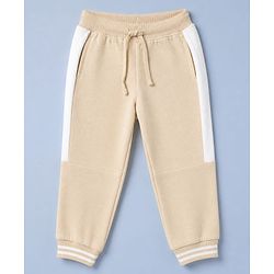 Babyhug 100% Cotton Terry Knit Full Sleeves Hooded Sweatjacket & Joggers Set With Varsity Print - Beige