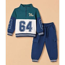 Babyhug 100% Cotton Terry Knit Full Sleeves Sweatshirt and Joggers Set with Varsity Print - Blue