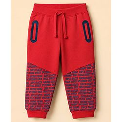 Babyhug 100% Cotton Terry Knit Half Sleeves T-Shirt & Joggers Set With Car & Text Print - White & Red