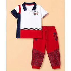 Babyhug 100% Cotton Terry Knit Half Sleeves T-Shirt & Joggers Set With Car & Text Print - White & Red