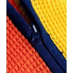 Babyhug Knit Full Sleeves Hooded Front Open Sweater With Cable Knit Design & Patch - Red & Yellow