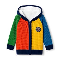 Babyhug Knit Full Sleeves Hooded Front Open Sweater With Cable Knit Design & Patch - Red & Yellow