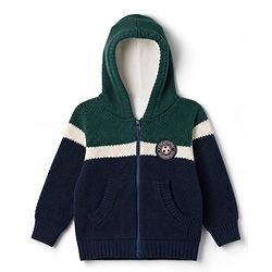 Babyhug Knit Full Sleeves Hooded Sweaters With Patch - Green & Navy Blue