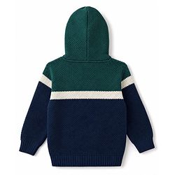 Babyhug Knit Full Sleeves Hooded Sweaters With Patch - Green & Navy Blue