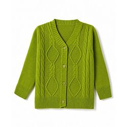 Babyhug Knit Full Sleeves Front Open Sweaters with Cable Knit Design - Green