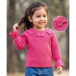 Babyhug Knit Full Sleeves Solid Colour Pullover with Bow Design  & Beads Embellished - Pink