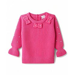 Babyhug Knit Full Sleeves Solid Colour Pullover with Bow Design  & Beads Embellished - Pink