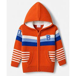 Babyhug Knit Full Sleeves Hooded Striped Sweater With Kangaroo Pockets - Orange