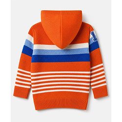 Babyhug Knit Full Sleeves Hooded Striped Sweater With Kangaroo Pockets - Orange