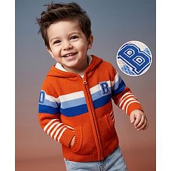 Babyhug Knit Full Sleeves Hooded Striped Sweater With Kangaroo Pockets - Orange