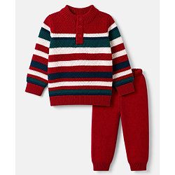 Babyhug Knit Full Sleeves Pullover with Striped Design - Red