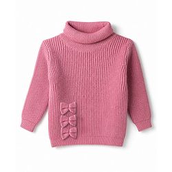 Babyhug Knit Full Sleeves Solid Colour Winter Wear Suit Set with Bow Applique - Pink