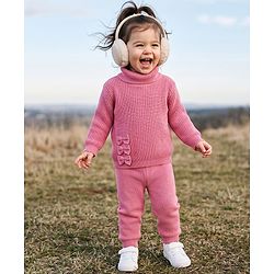 Babyhug Knit Full Sleeves Solid Colour Winter Wear Suit Set with Bow Applique - Pink